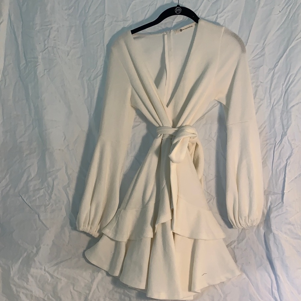 Cream Sweater Dress with wrap belt.
